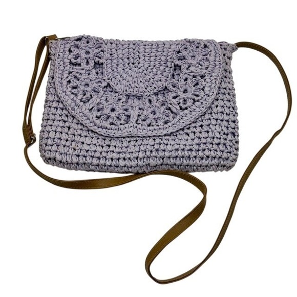 Lavender Crochet Crossbody Bag Woven Straw Floral Flap Shoulder Strap - Picture 2 of 7